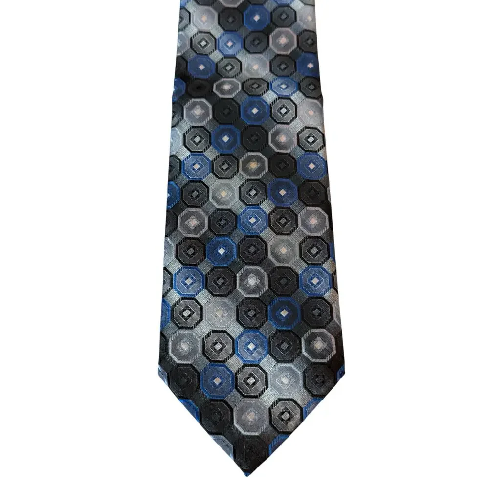 VTG Croft & Barrow‎ Blue Black Silver Geometric Silk Necktie Hexagon Pattern Tie